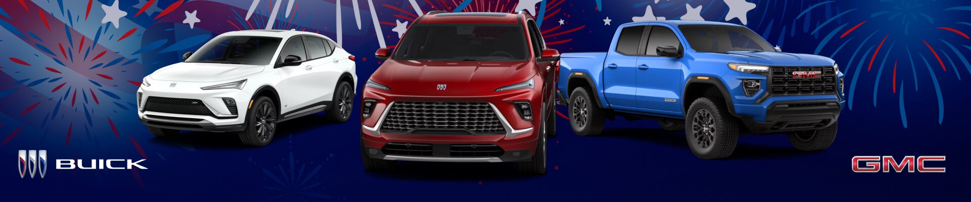 A white Buick Envista, red Buick Enclave and blue GMC Sierra 1500 in front of red white and blue fireworks.