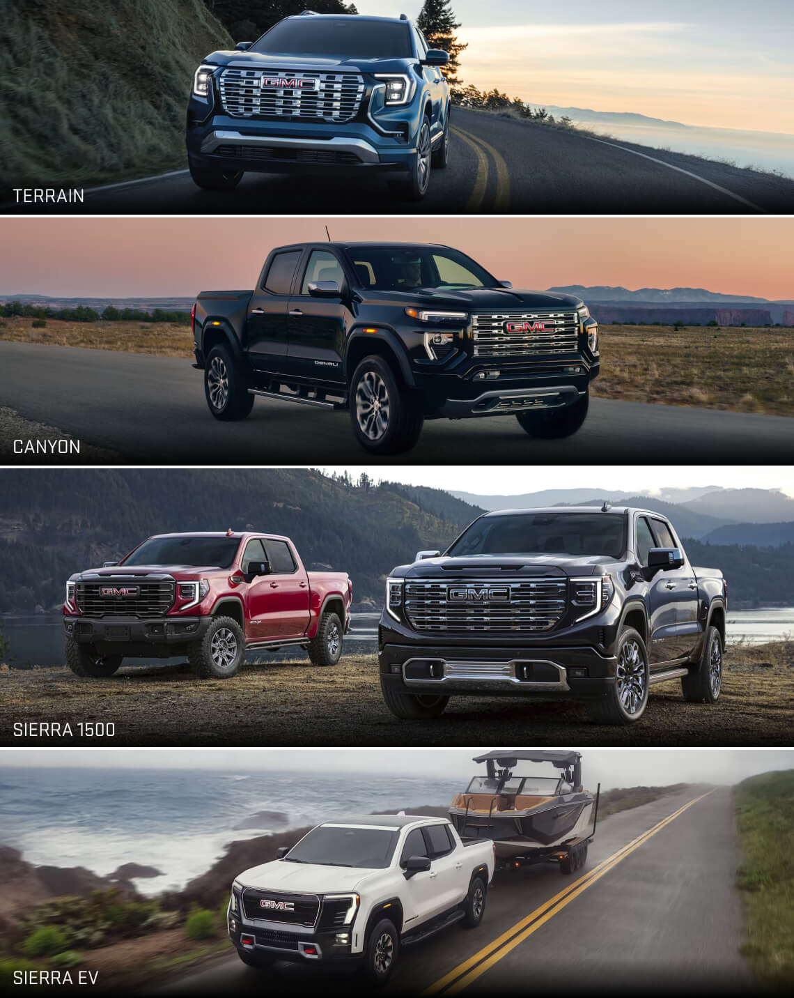 Collage of 2026 GMC trucks and SUVs driving in natural environments.