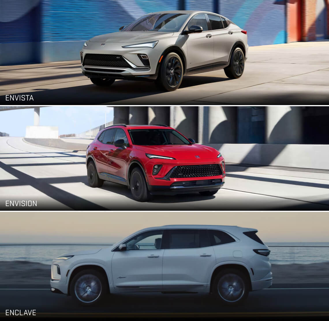 Collage of 2026 GMC trucks and SUVs driving in natural environments.