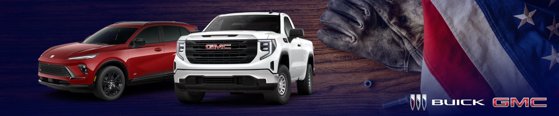 A red Buick Envision and white GMC Sierra in front of an American flag with work gloves and wrench.